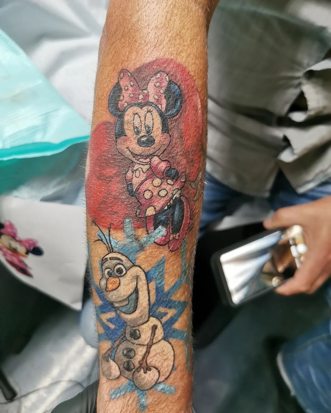 Olaf and Minnie Mouse Tattoo by Wen at Crimson Empire Tattoo in Edmonton Alberta Canada