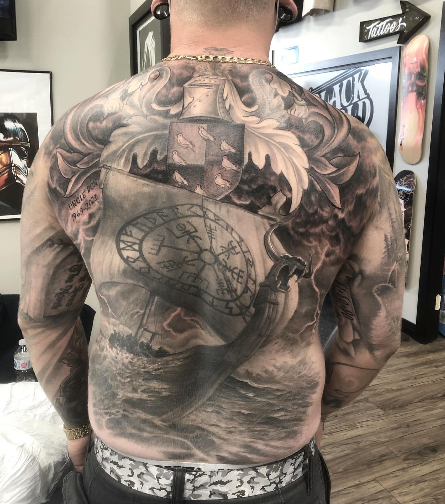 Nordic Ship Backpiece by Steve Hayes at Black Gold Tattoo Co in Edmonton Alberta Canada