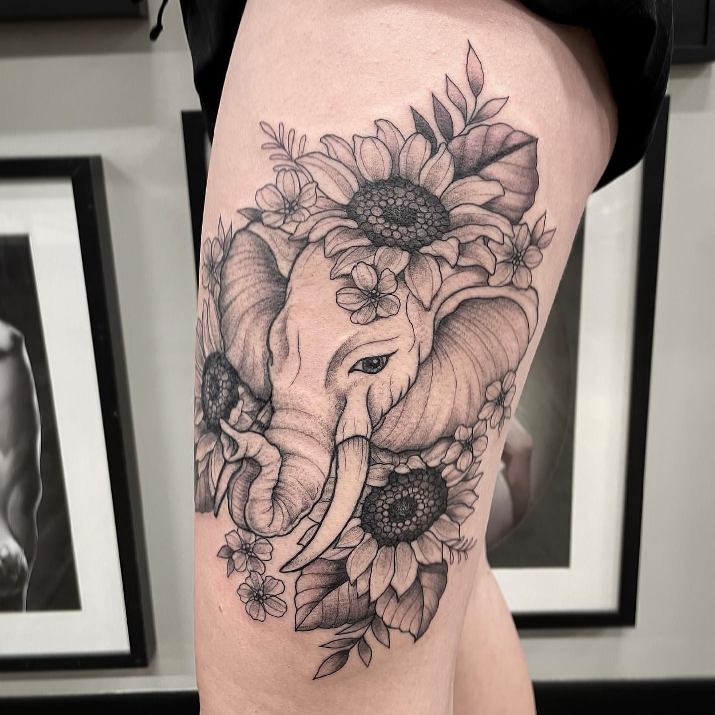 Elephant and Floral Tattoo by Jess Alther at Black Gold Tattoo Co in Edmonton Alberta Canada