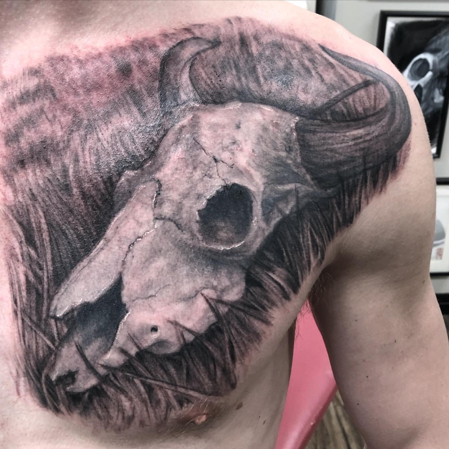 Bull Skull Tattoo by Steve Hayes at Black Gold Tattoo Co in Edmonton Alberta Canada