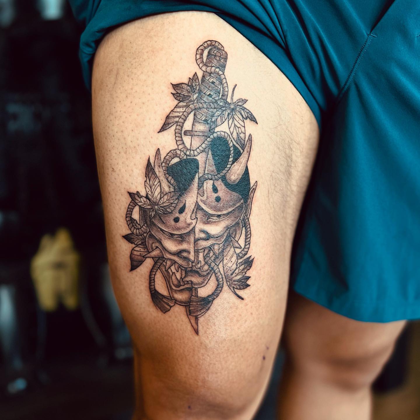 Split Oni Mask with Tanto Tattoo by Vinny Nguyen at Crimson Empire Tattoo in Edmonton Alberta Canada