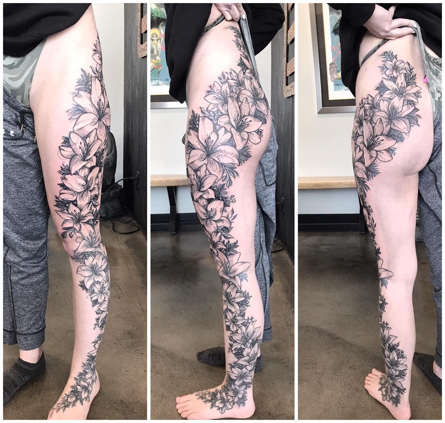Floral Leg Tattoo Adrienne Alexander at Crimson Empire Tattoo in Edmonton Alberta Canada
