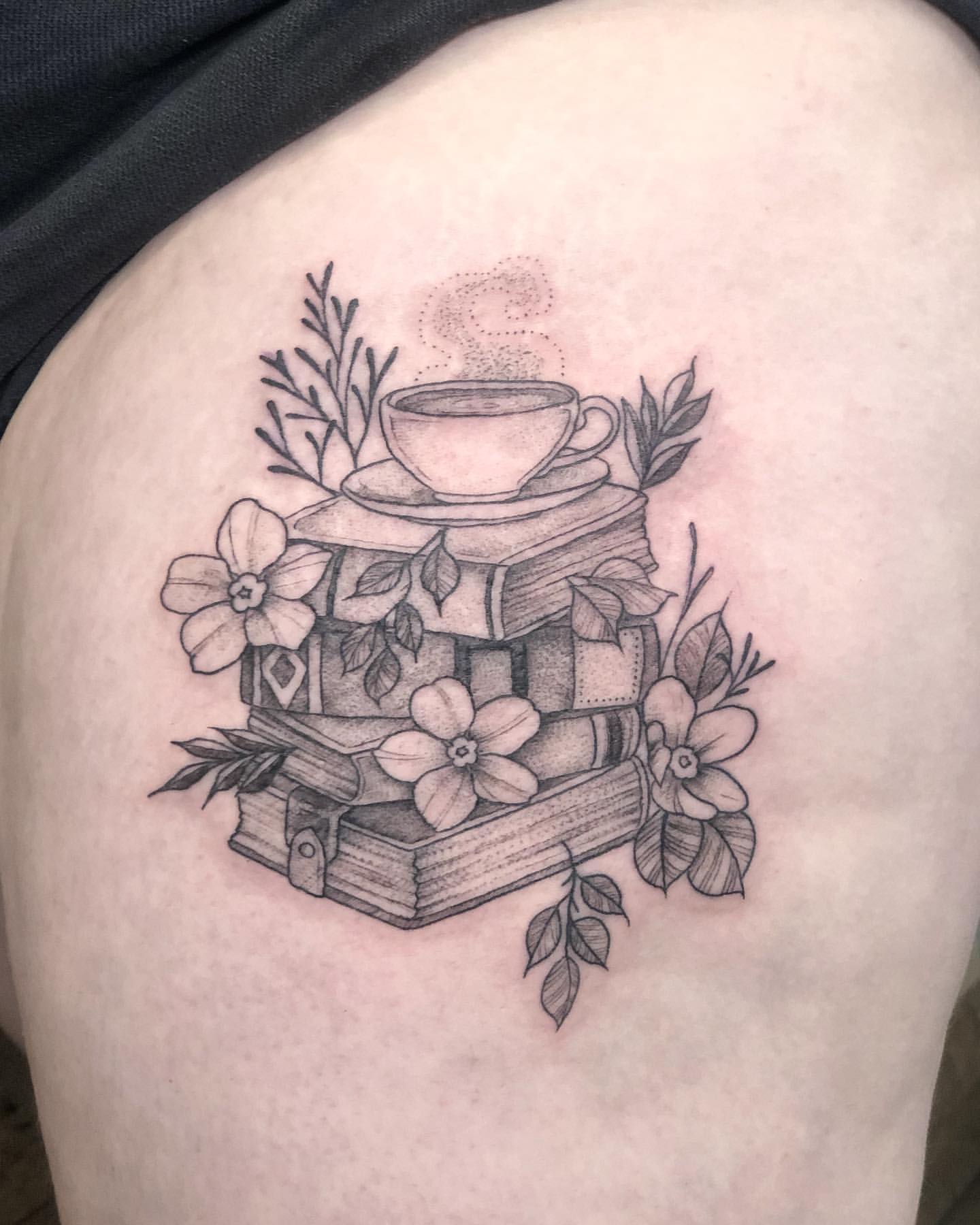 Books and Teacup Tattoo by Vanessa Spezowka at Crimson Empire Tattoo in Edmonton Alberta Canada