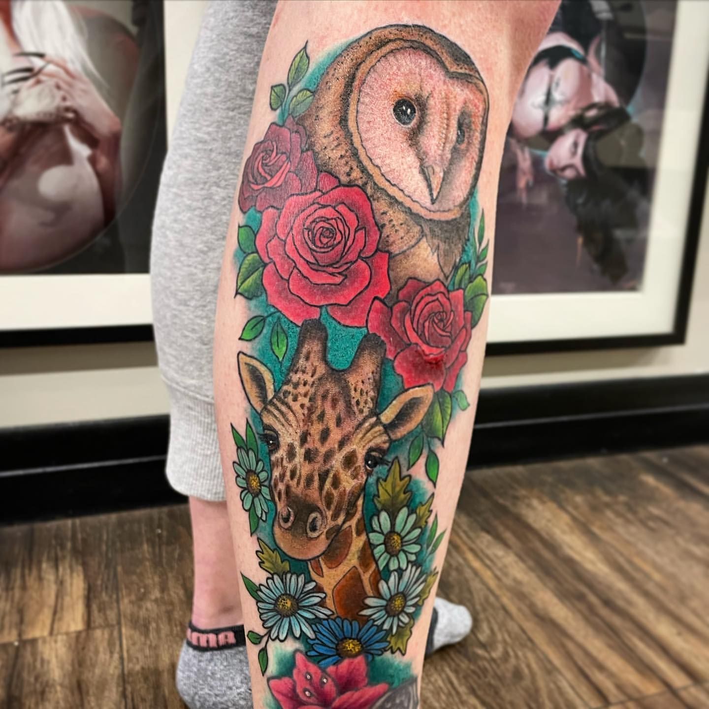 Owl, Giraffe and Floral Tattoo by Jess Alther at Black Gold Tattoo Co in Edmonton Alberta Canada