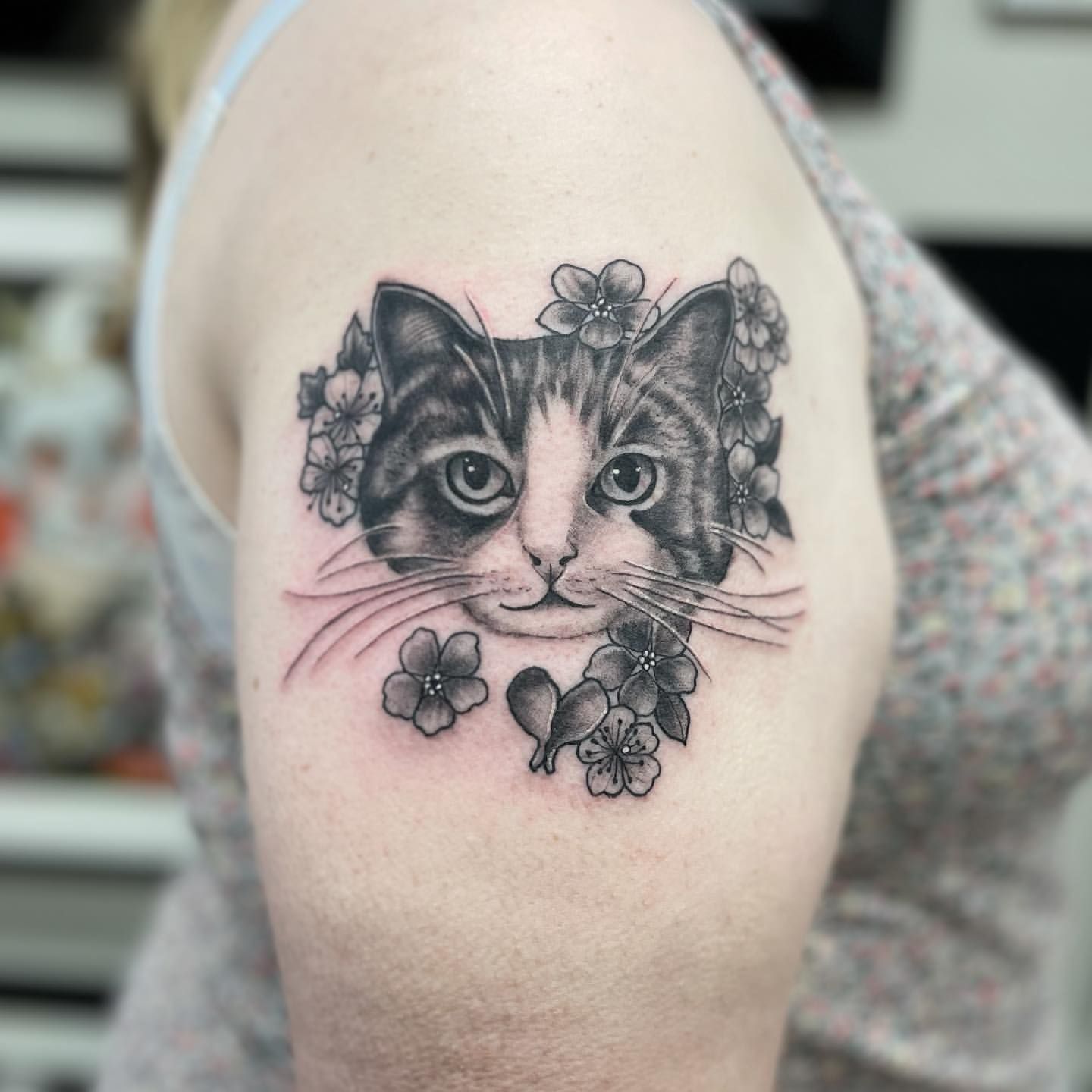 Cat Portrait and Floral Tattoo by Jess Alther at Black Gold Tattoo Co in Edmonton Alberta Canada