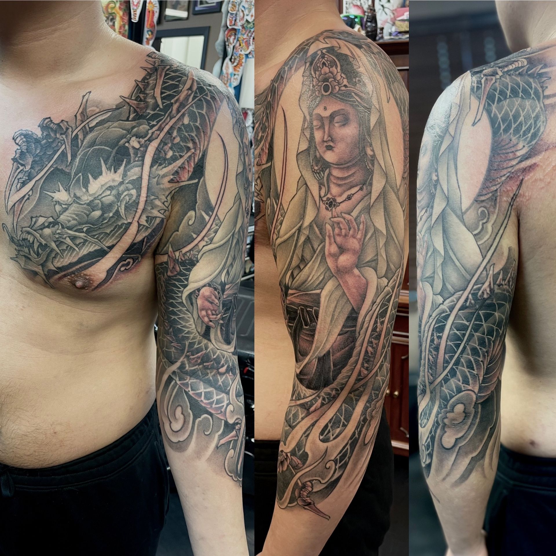 Quan Yin and Dragon Sleeve by Brain Dangerfield at Black Gold Tattoo Co in Edmonton Alberta Canada