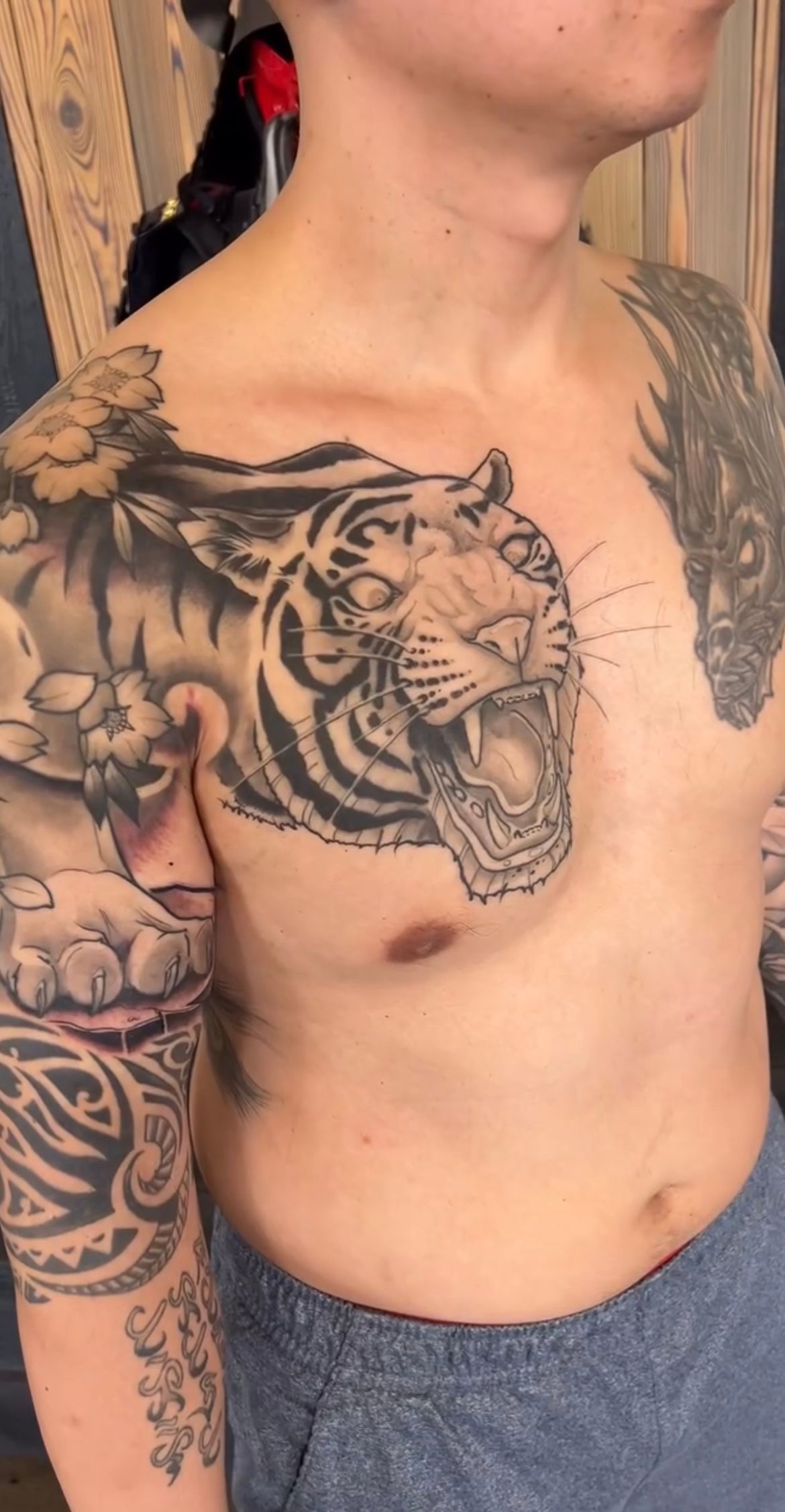 Tiger and Cherry Blossoms Tattoo by Curt Semeniuk at Crimson Empire Tattoo in Edmonton Alberta Canada