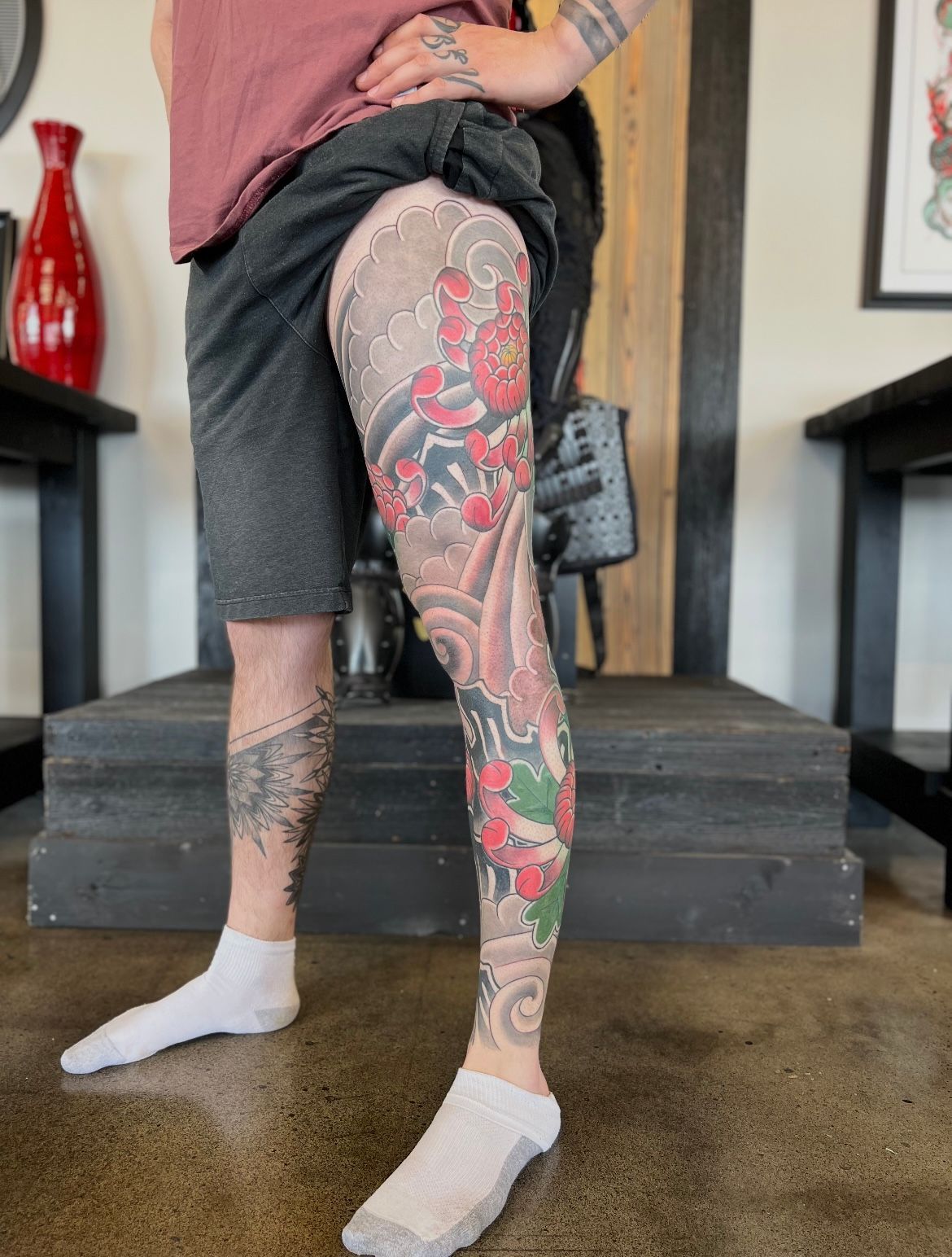 Chrysanthemum Leg Sleeve by Curt Semeniuk at Crimson Empire Tattoo in Edmonton Alberta Canada