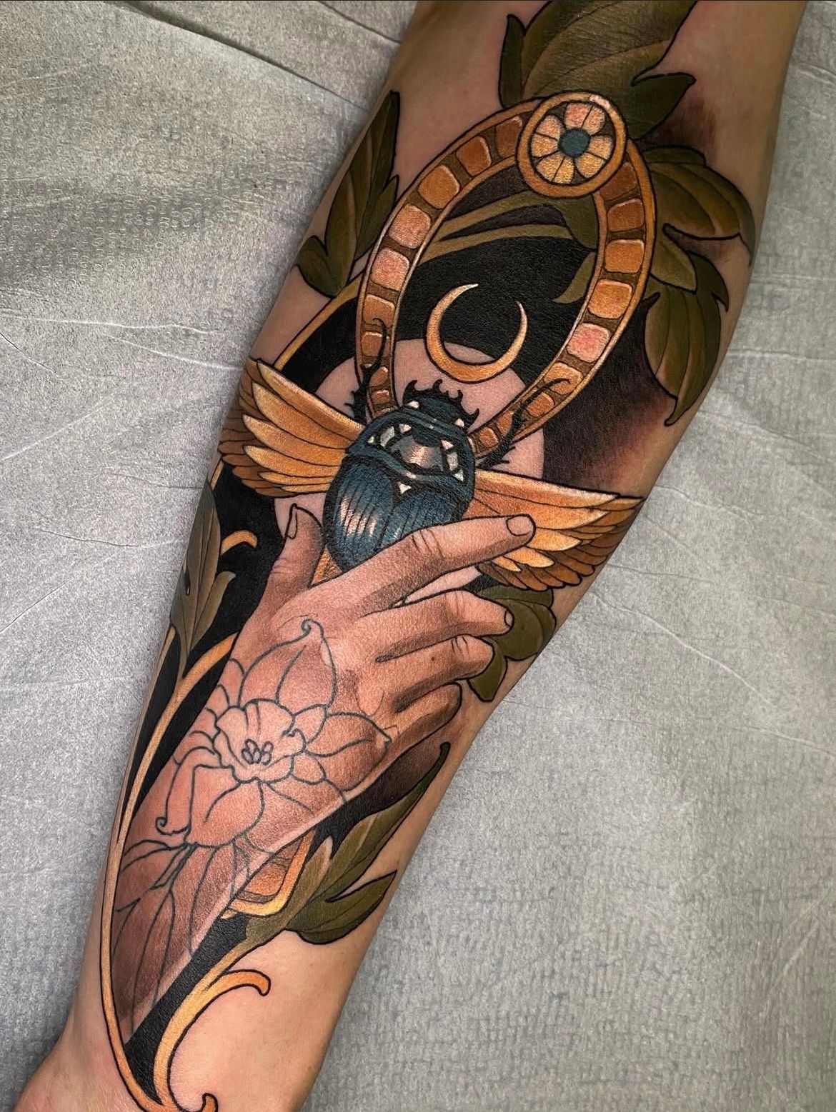 Scarab and Ankh Tattoo by Sasha Day at Crimson Empire Tattoo in Edmonton Alberta Canada