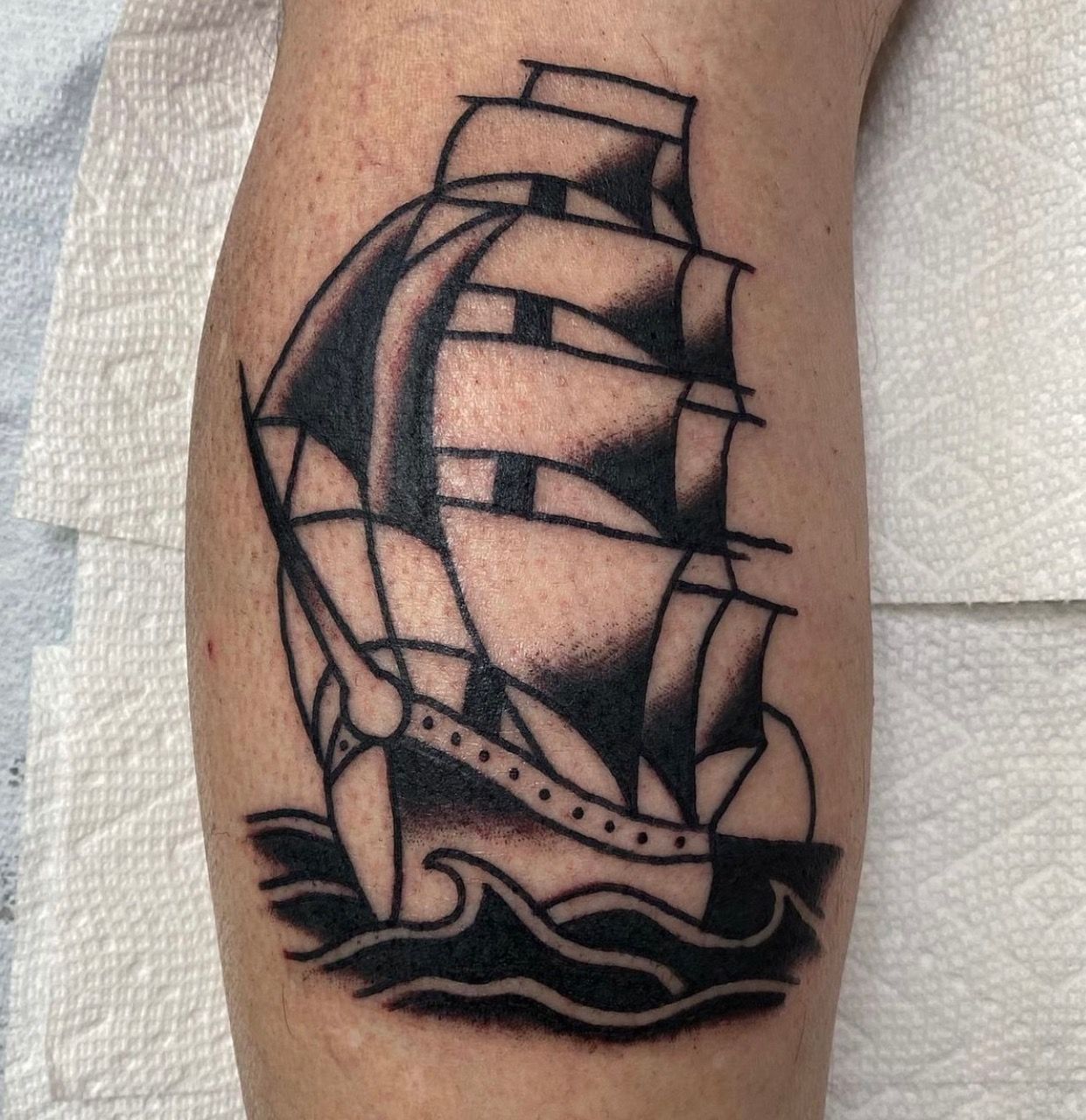 Ship Tattoo by JD Pezderic at Silver Ghost Tattoo in Edmonton Alberta Canada