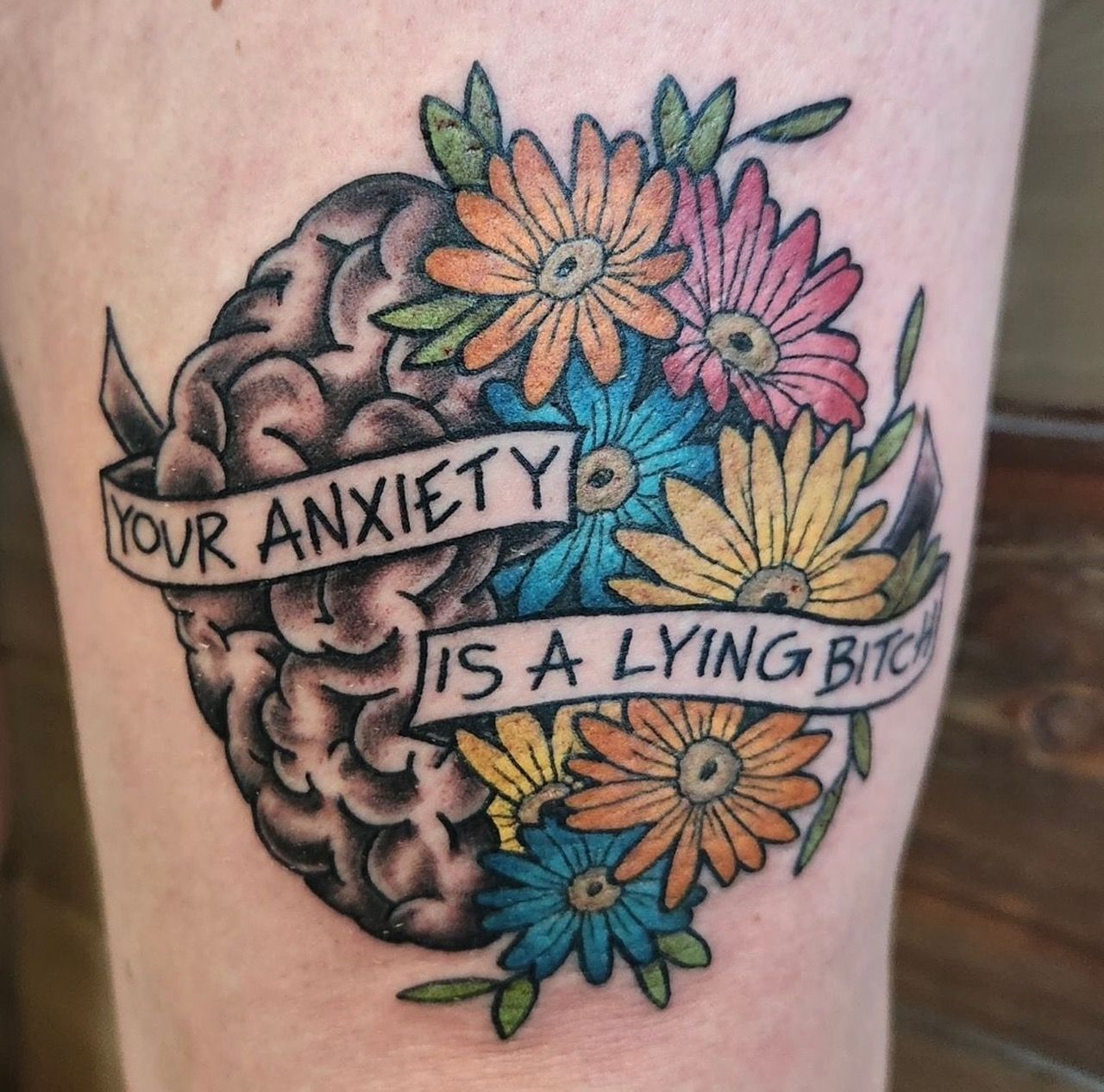 Brain and Floral Tattoo by Sheila Anderson at Crimson Empire Tattoo in Edmonton Alberta Canada