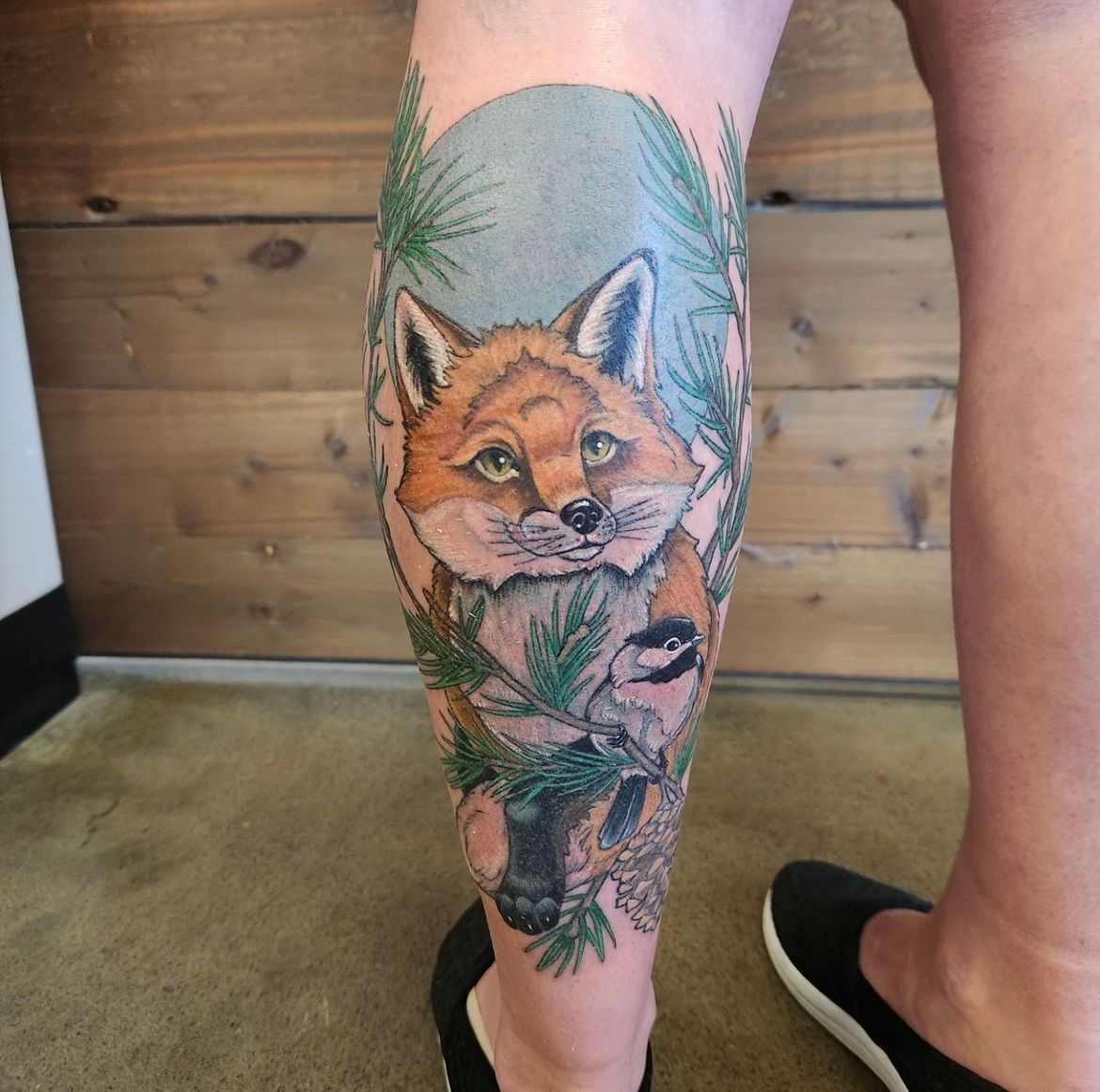 Fox and Chickadee Tattoo by Sheila Anderson at Crimson Empire Tattoo in Edmonton Alberta Canada