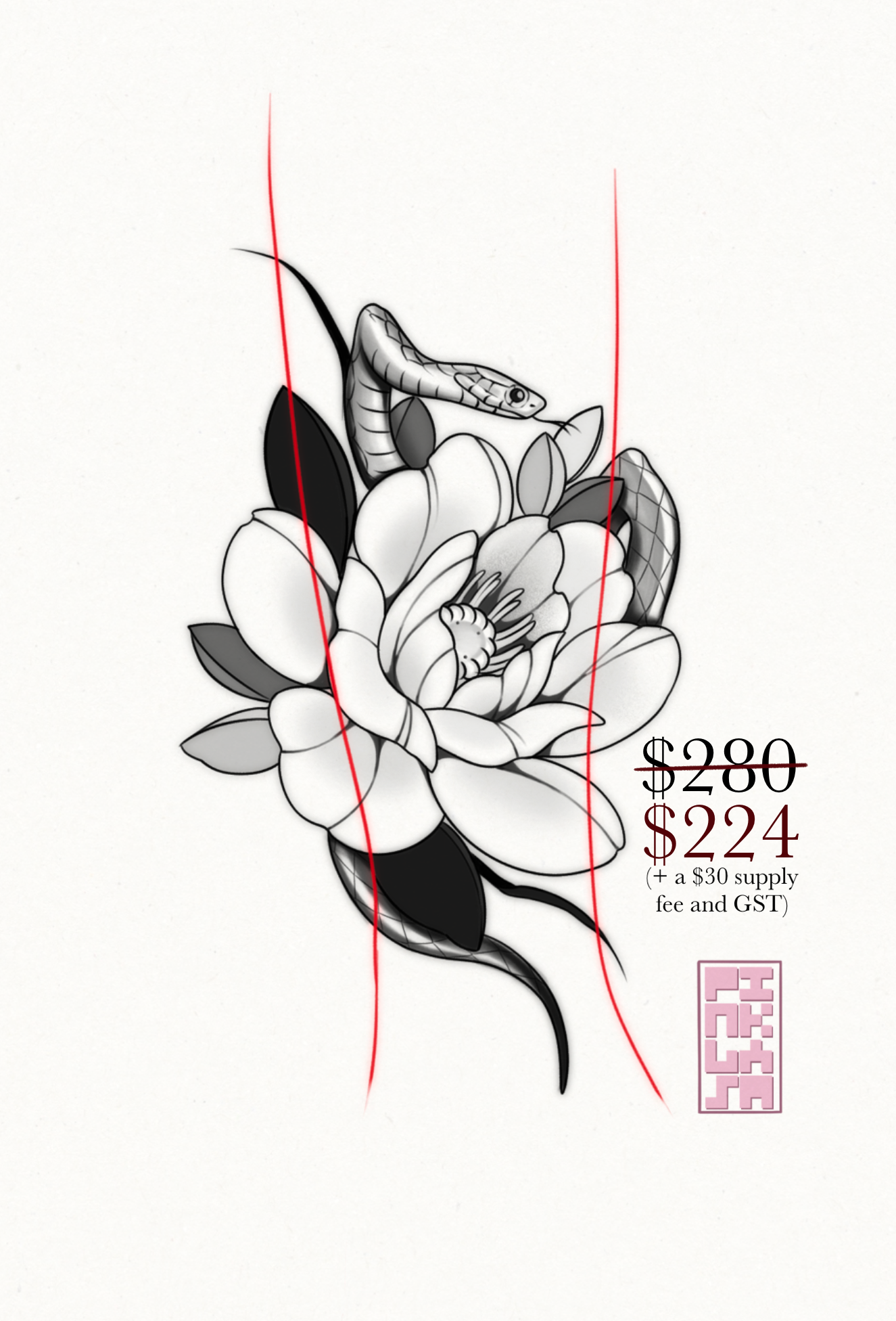 Snake and Peony Flash Design by Fran Arceta at Crimson Empire Tattoo in Edmonton Alberta Canada