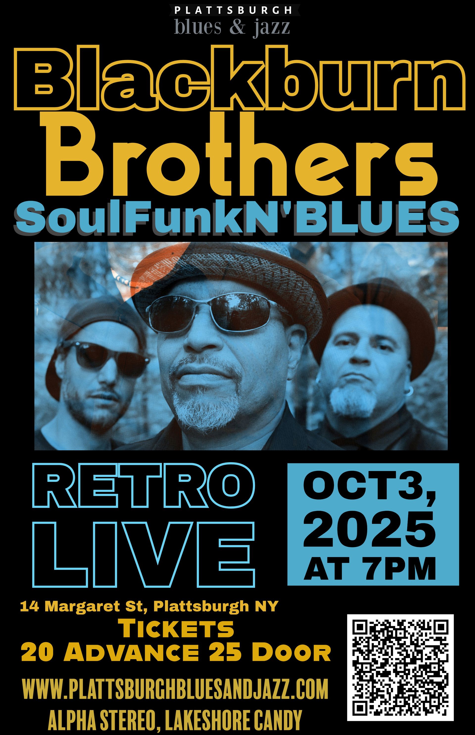 Poster for Blackburn Brothers band, promoting a live SoulFunk'N'Blues performance in Plattsburgh, NY, on October 3, 2025.