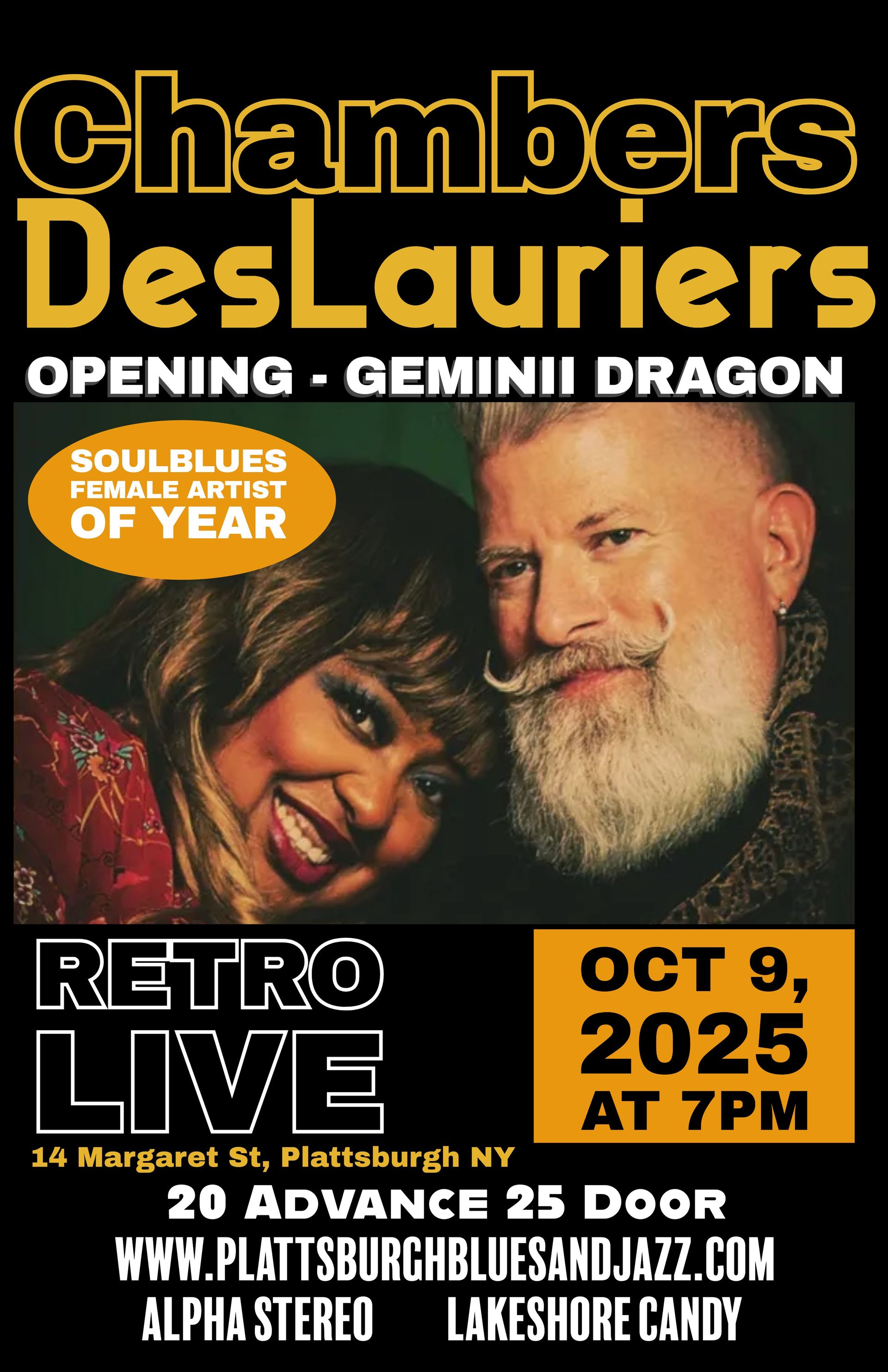 Concert poster: Chambers DesLauriers, soul blues artists, at Retro Live, Plattsburgh, NY, October 9, 2025, 7 PM.