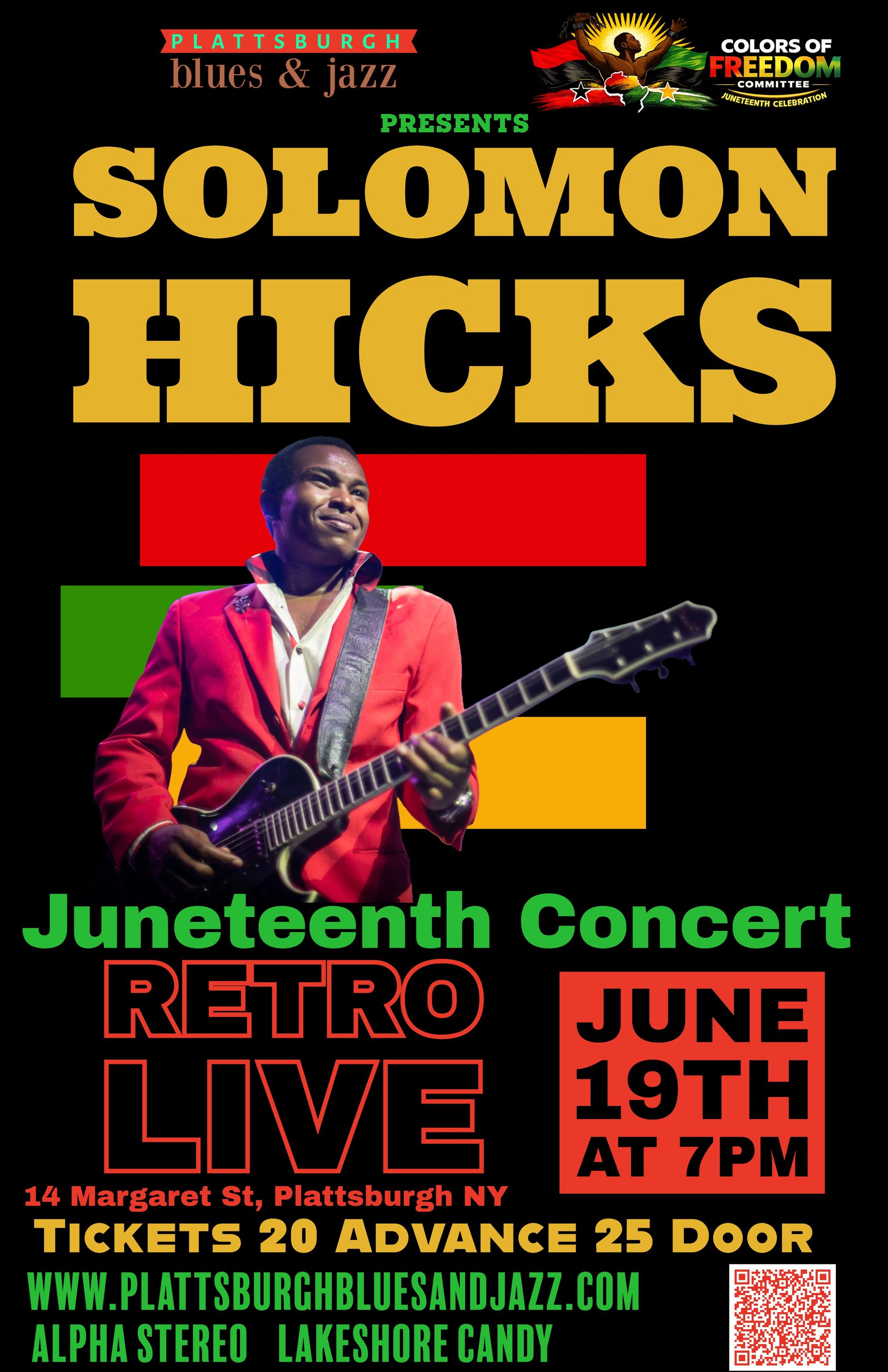 Solomon Hicks holding guitar on concert poster for Juneteenth Live, June 19 at 7 PM