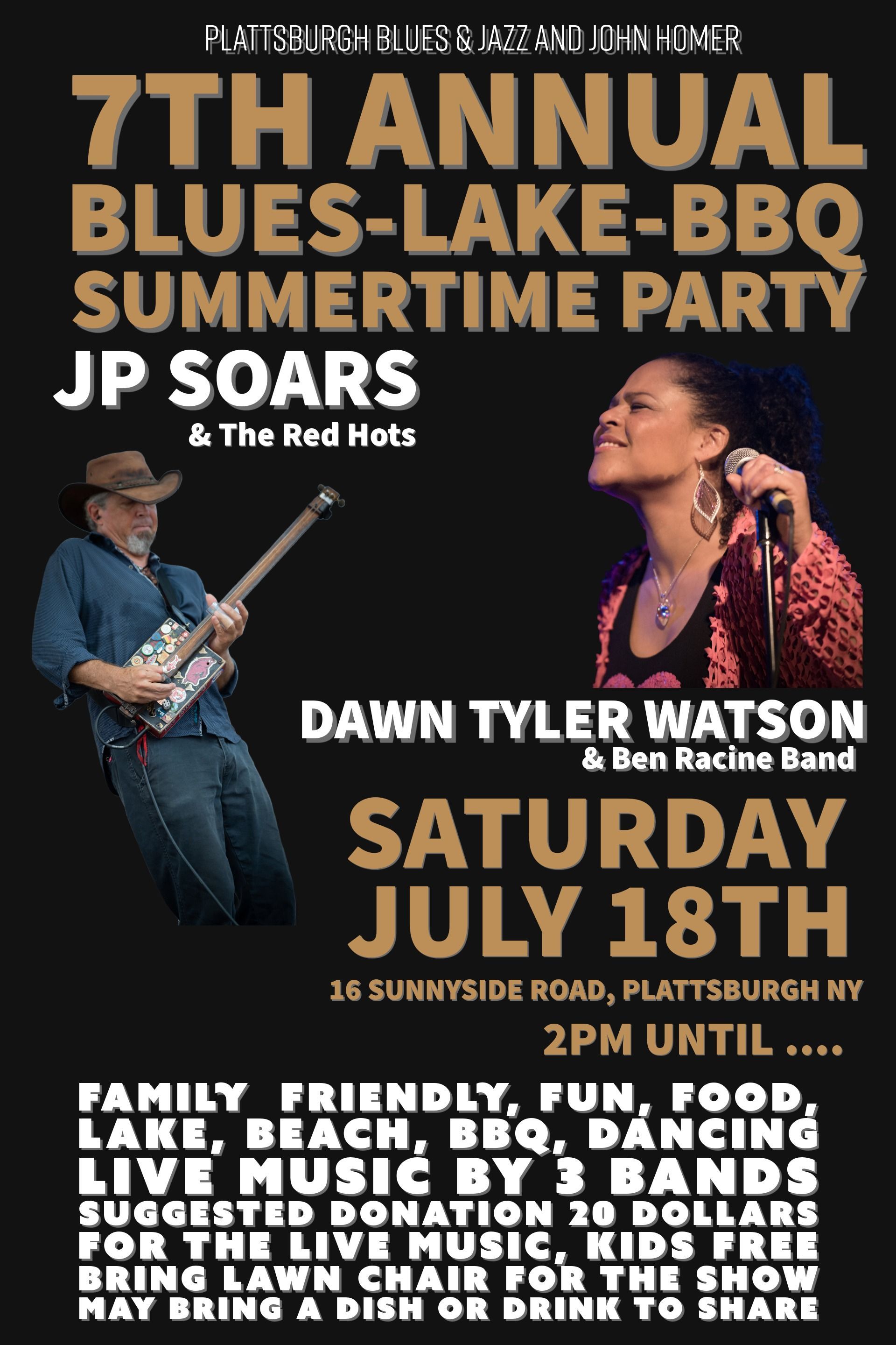 Event poster for 7th Annual Blues-Lake-BBQ Summertime Party, July 18th, with live music details and food info