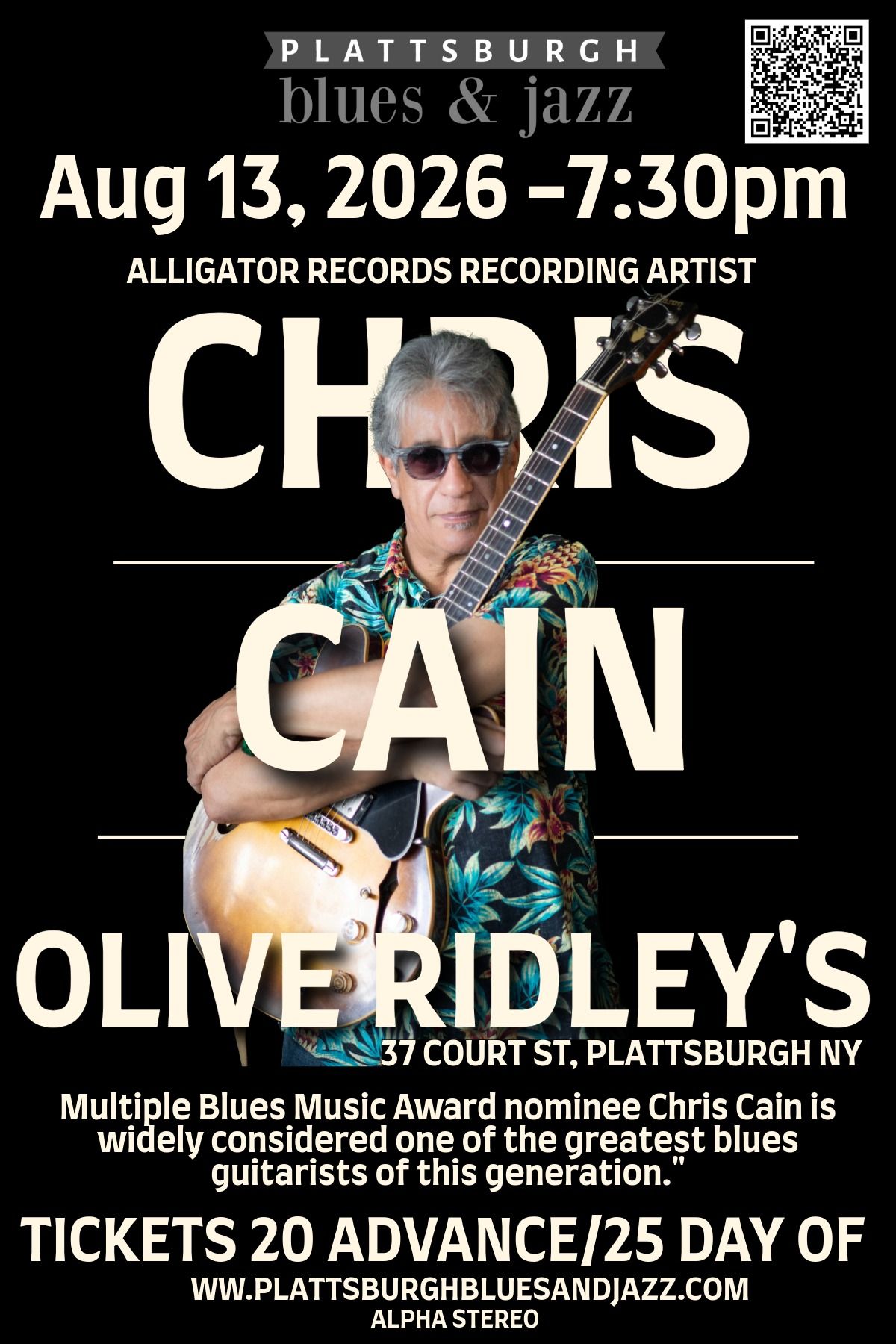 Chris Cain blues concert poster, Aug 13, 2026, Plattsburgh, with guitar and ticket info
