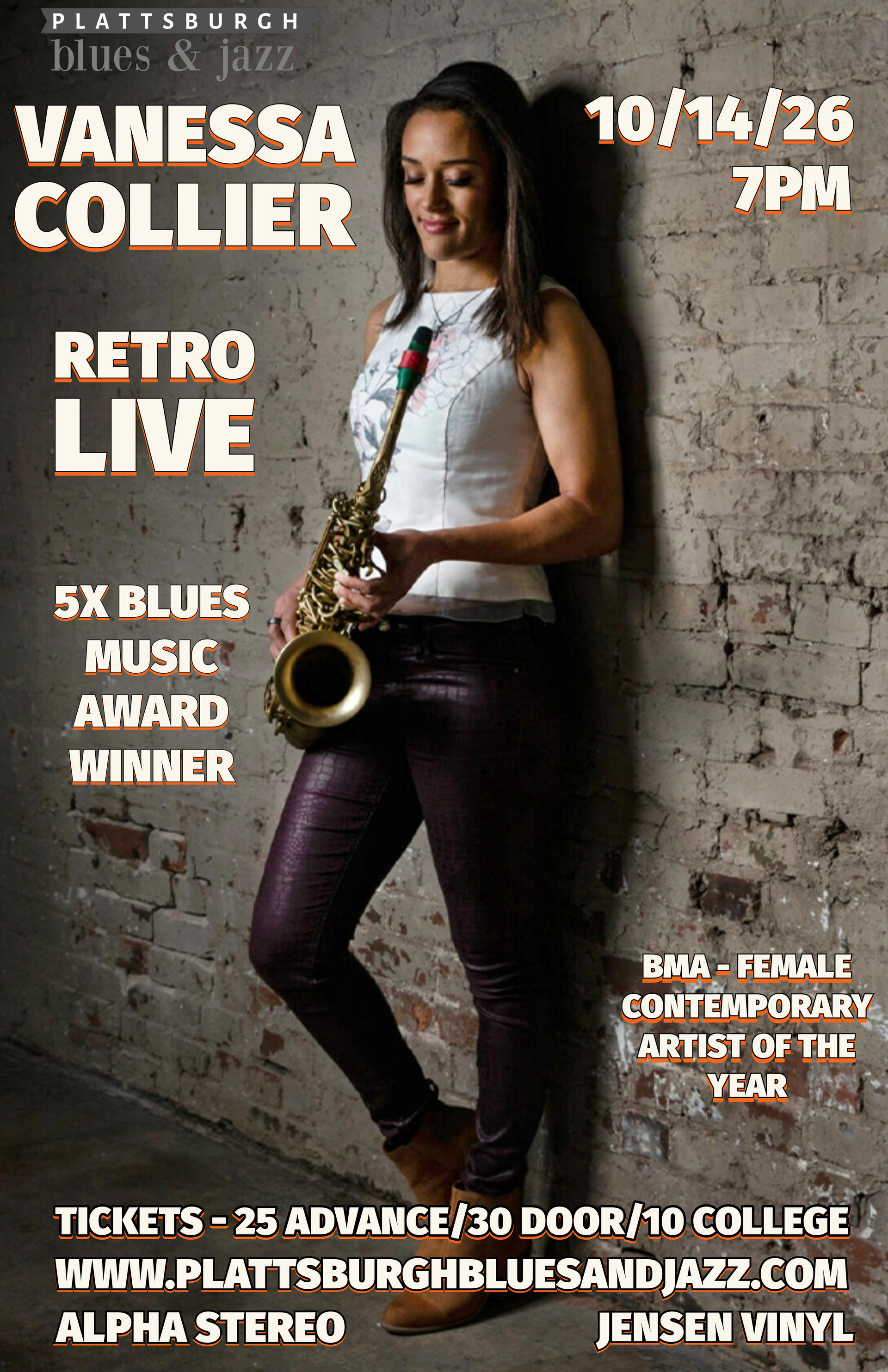 Vanessa Collier retro live concert poster with date, time, ticket details