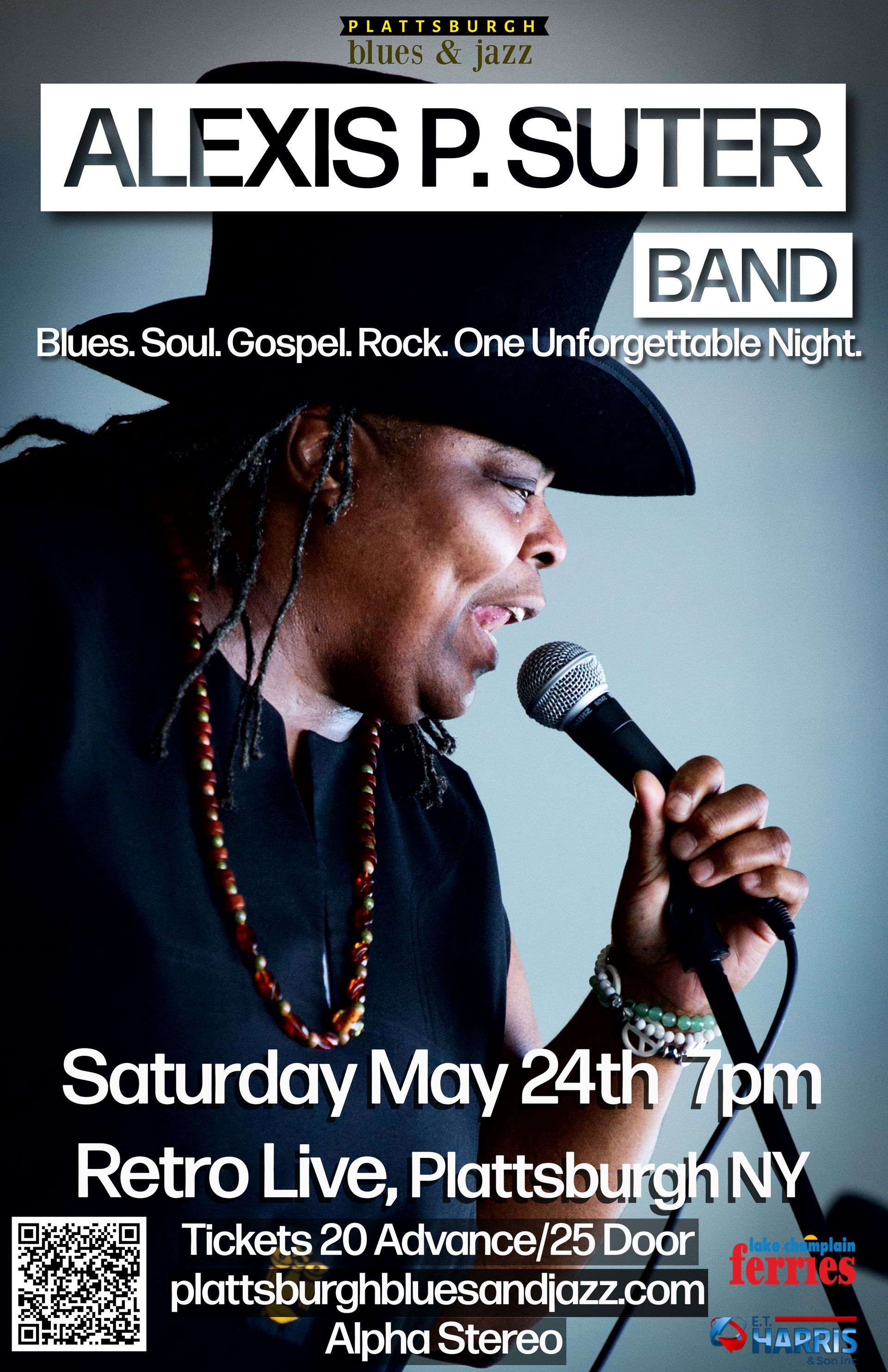 A poster for alexis p. suter band shows a woman wearing a black singing into a microphone