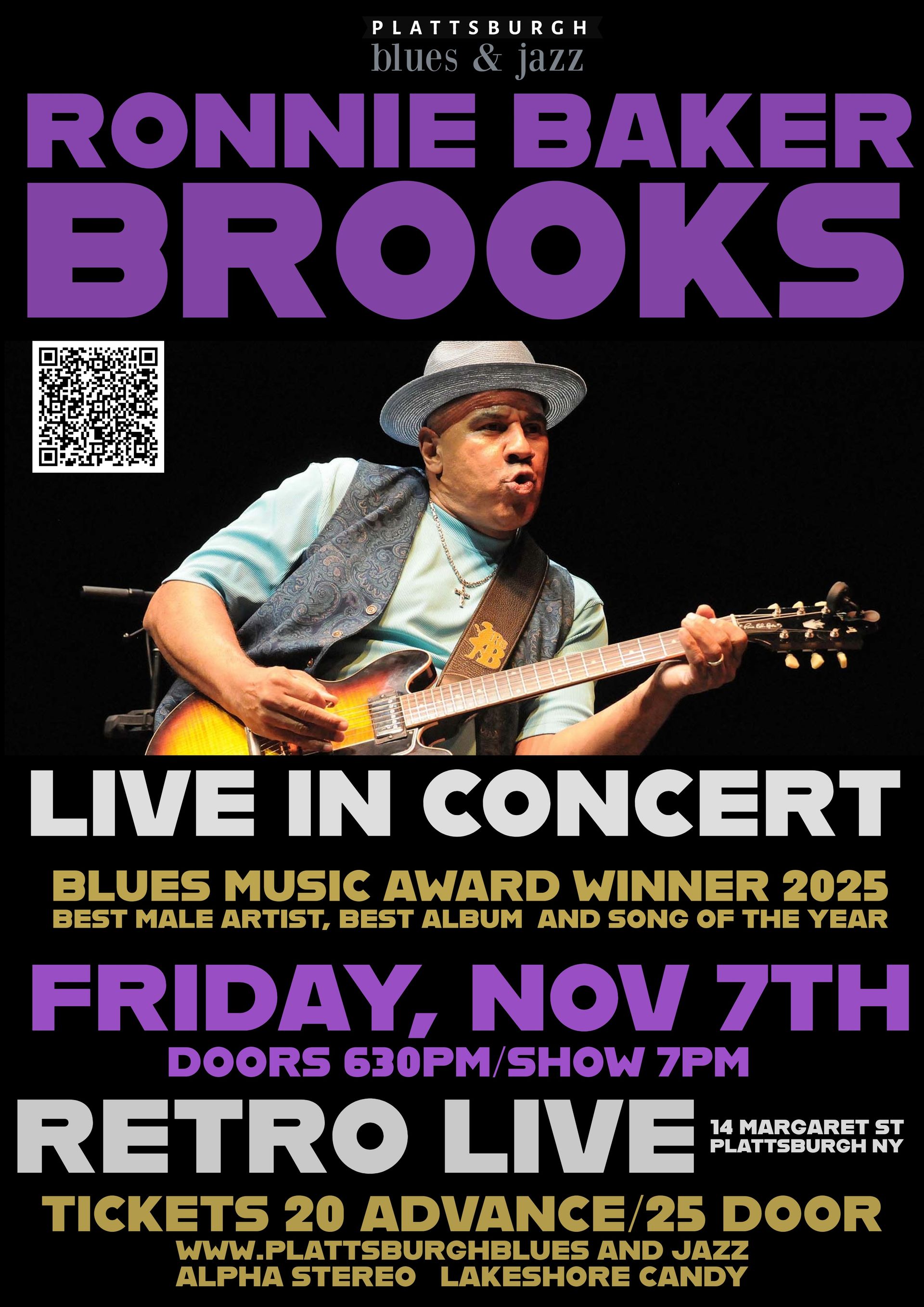 Poster for Ronnie Baker Brooks concert at Retro Live in Plattsburgh, NY, Nov 7th. 