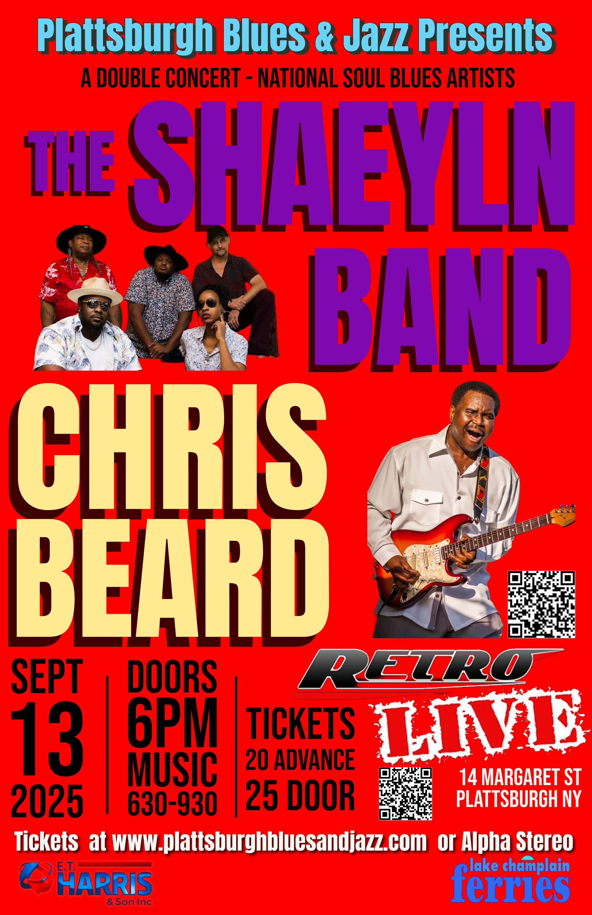 Concert poster: The Shaelyn Band and Chris Beard at Retro Live in Plattsburgh, NY on Sept 13, 2025. Red background.