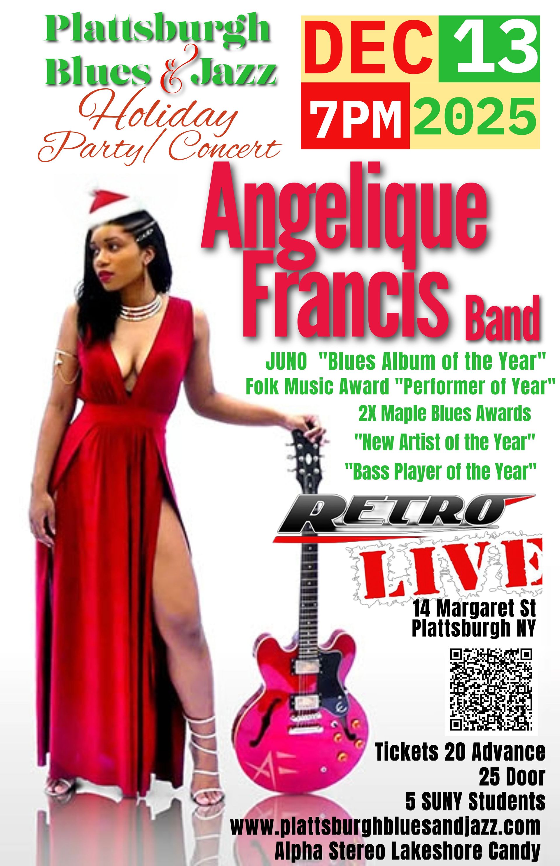 Poster for a Plattsburgh Blues & Jazz holiday concert with Angelique Francis Band. 