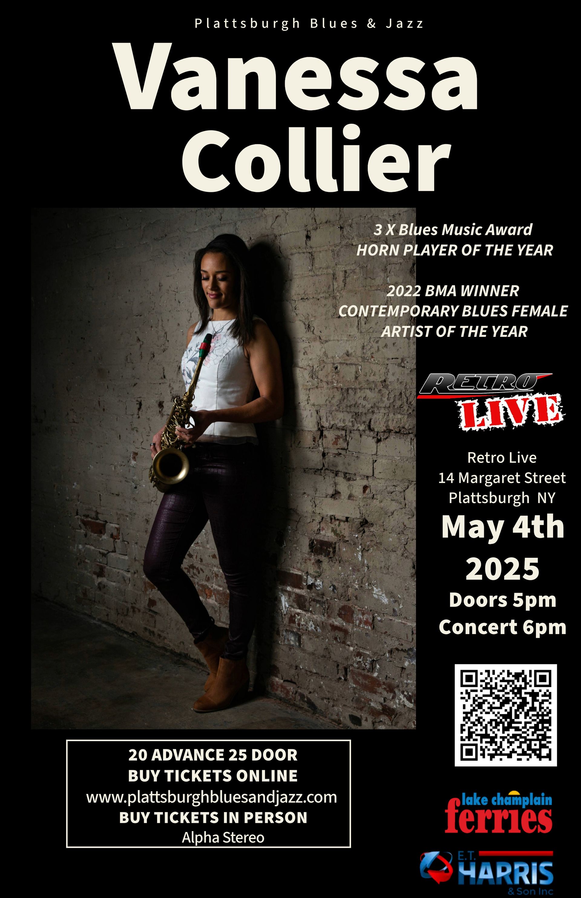 A poster of Vanessa Collier is leaning against a wall holding a saxophone.