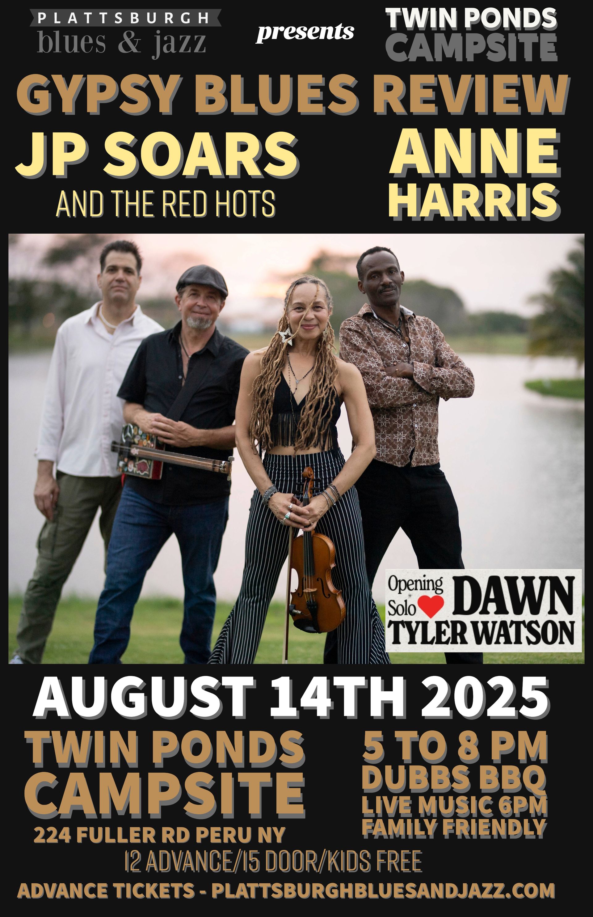 Blues & jazz event poster: JP Soars, Anne Harris at Twin Ponds Campsite, August 14th, 2025, with Dubbs BBQ, live music.