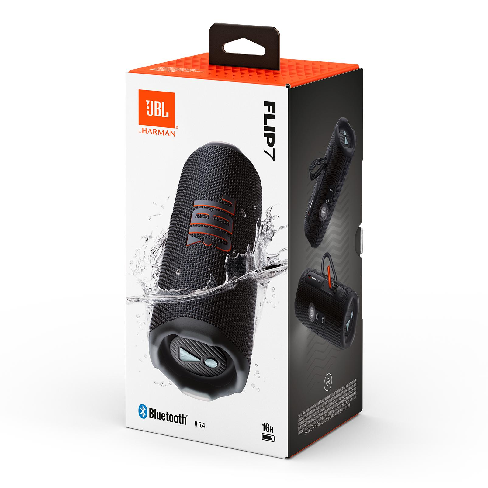 Altavoz Bluetooth JBL Flip 7 en su caja original, altavoz portátil negro sobre embalaje blanco y naranja.
