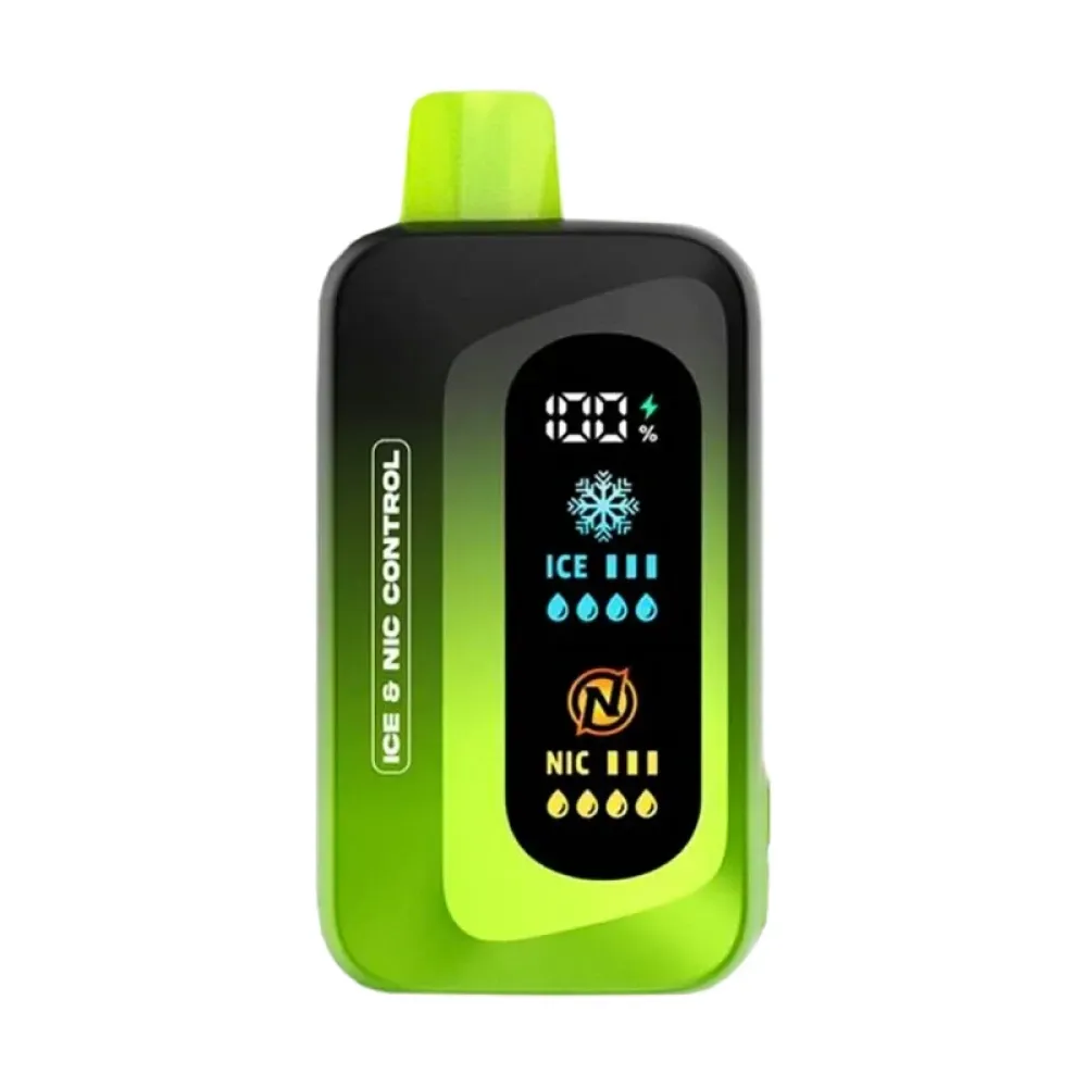 Máquina de cubitos de hielo verde y negra con panel de control digital y asa de color amarillo neón.