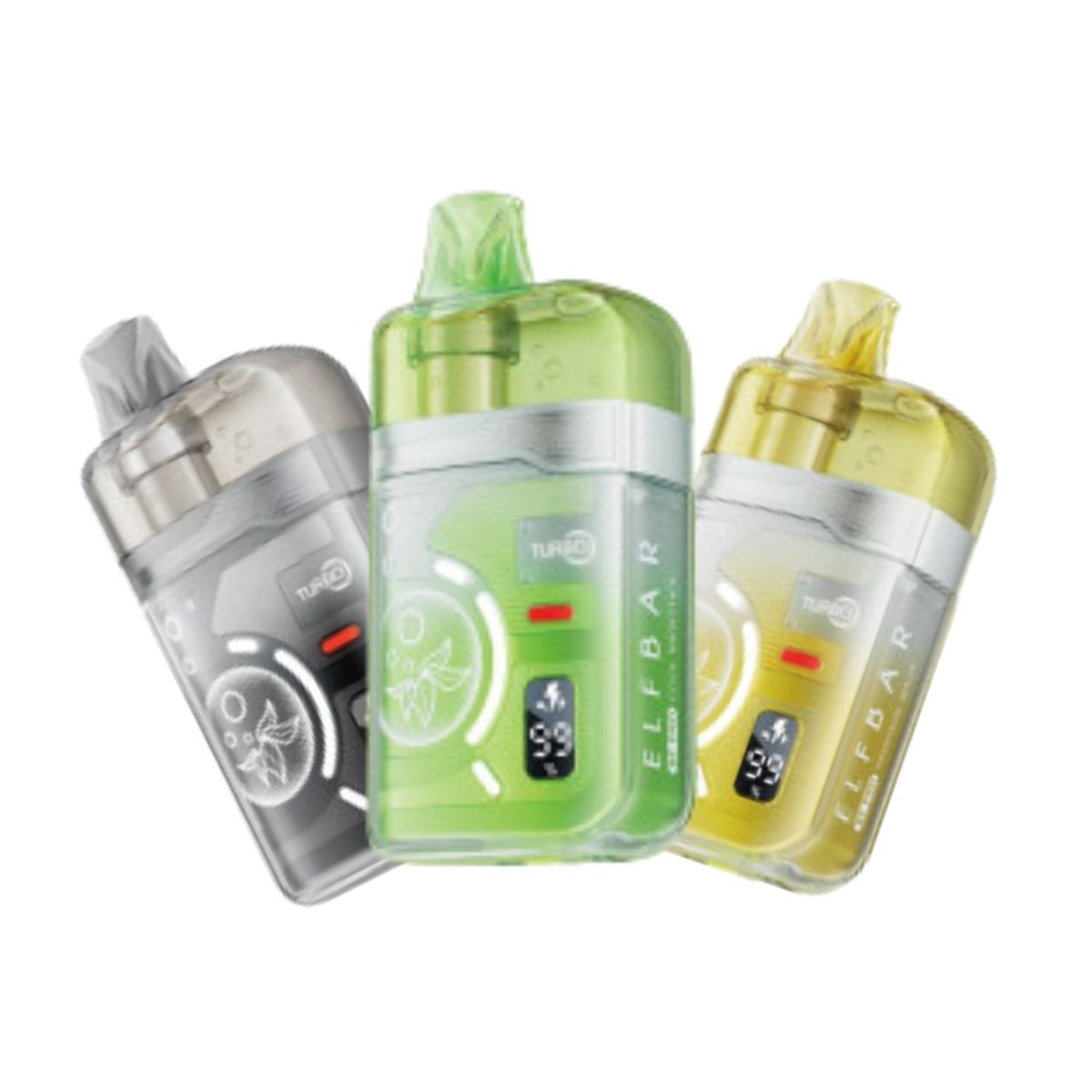 Tres vaporizadores tipo pod transparentes en gris, verde y amarillo sobre un fondo blanco.