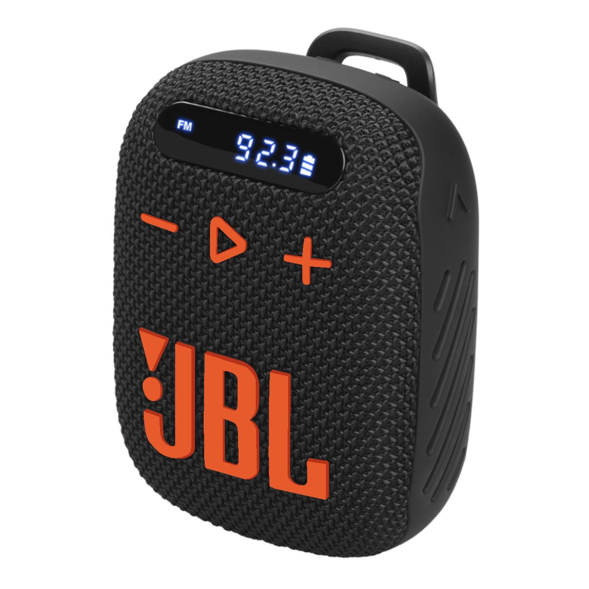 Altavoz portátil Bluetooth JBL Wind 3 en embalaje de venta al público en color negro y naranja.