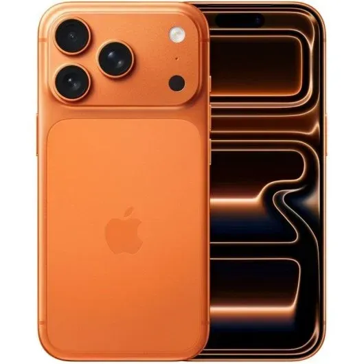IPhone naranja con triple cámara, mostrado de frente y de atrás sobre un fondo oscuro.