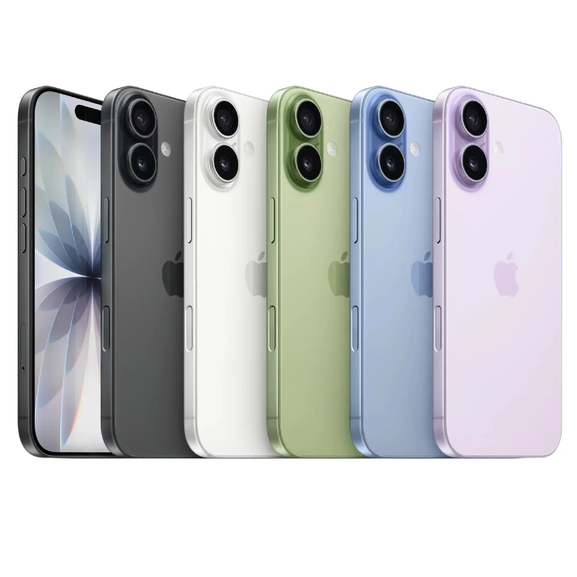 Dos iPhones grises, uno frontal y otro posterior, que muestran cámaras duales y una pantalla con fondo de pantalla floral.