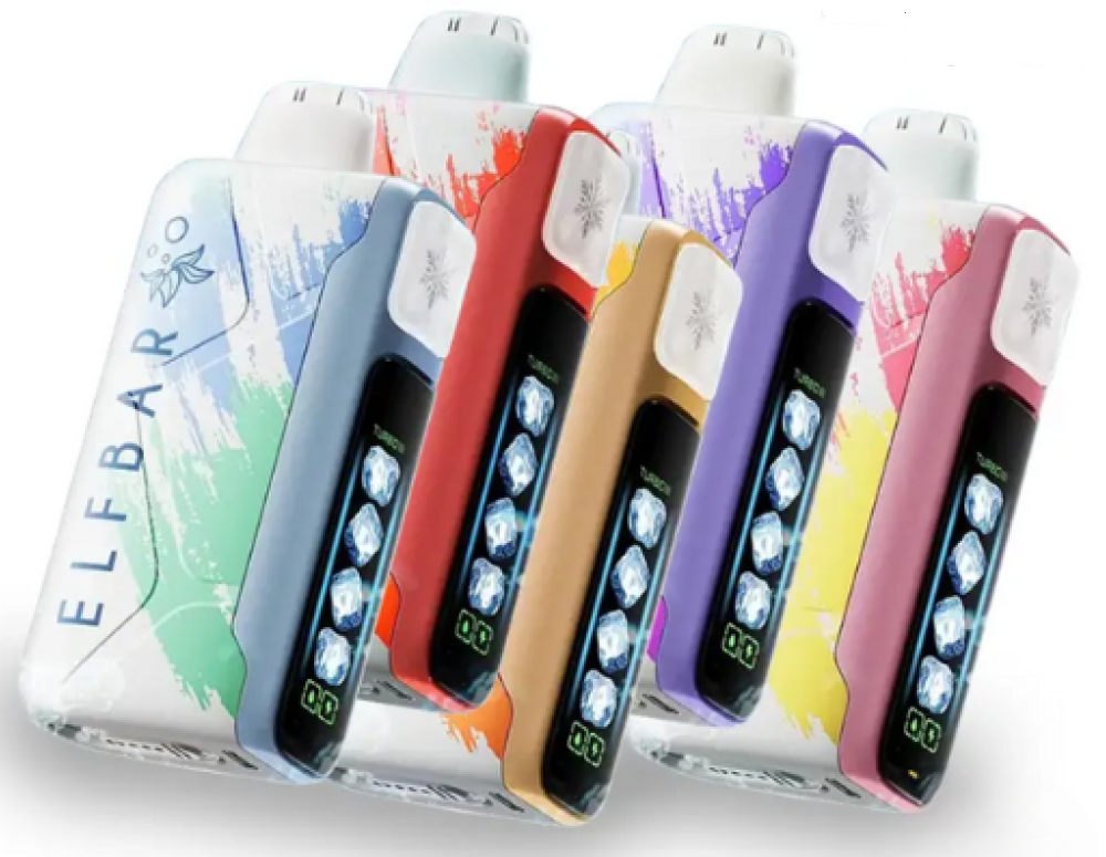 Dispositivo de vapeo ELFBAR blanco y rosa con pantalla y diseño geométrico colorido.