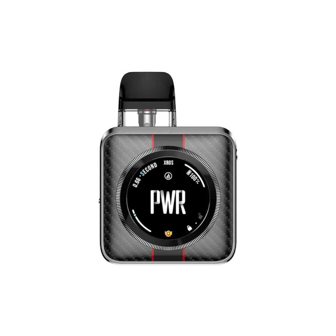 Vaporizador negro y plateado con la etiqueta 