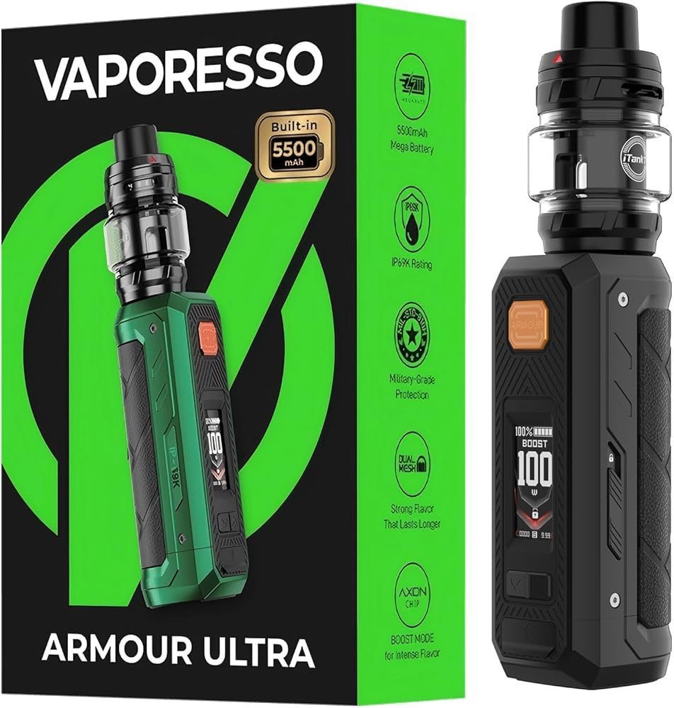 Mod de vapeo negro con tanque transparente y pantalla digital sobre fondo blanco.