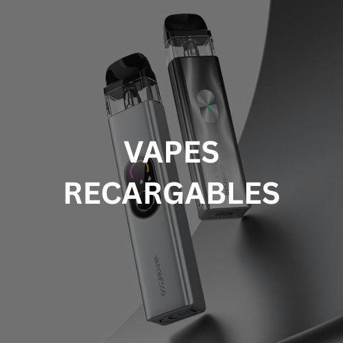 Dos vaporizadores recargables en plata y negro sobre fondo gris. Texto: VAPORES RECARGABLES.