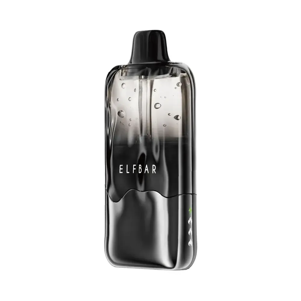 Pod de vapeo ELFBAR negro con acabado metálico brillante y gotas de agua, centrado sobre fondo blanco.