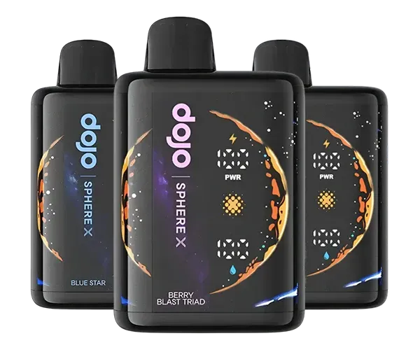 Tres dispositivos de vapeo SHREEX negros con gráficos circulares de color azul neón y naranja sobre fondo blanco.
