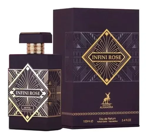 Frasco y caja de perfume INFINI ROSE en color morado oscuro con diseño geométrico dorado.