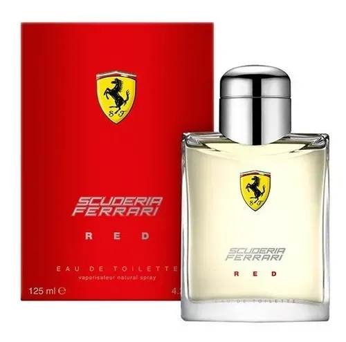 Frasco de Scuderia Ferrari Red Eau de Toilette y caja roja sobre fondo blanco.