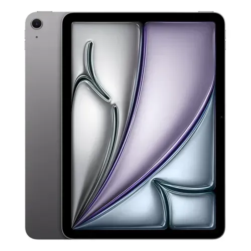 Tableta plateada con un fondo de pantalla abstracto morado y gris que se muestra por delante y por detrás sobre un fondo blanco.