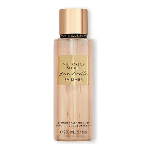 Frasco de bruma corporal Bare Vanilla Shimmer de Victoria's Secret con tapa dorada sobre fondo blanco.