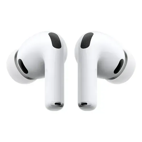 Auriculares inalámbricos blancos en un estuche de carga abierto sobre un fondo claro.
