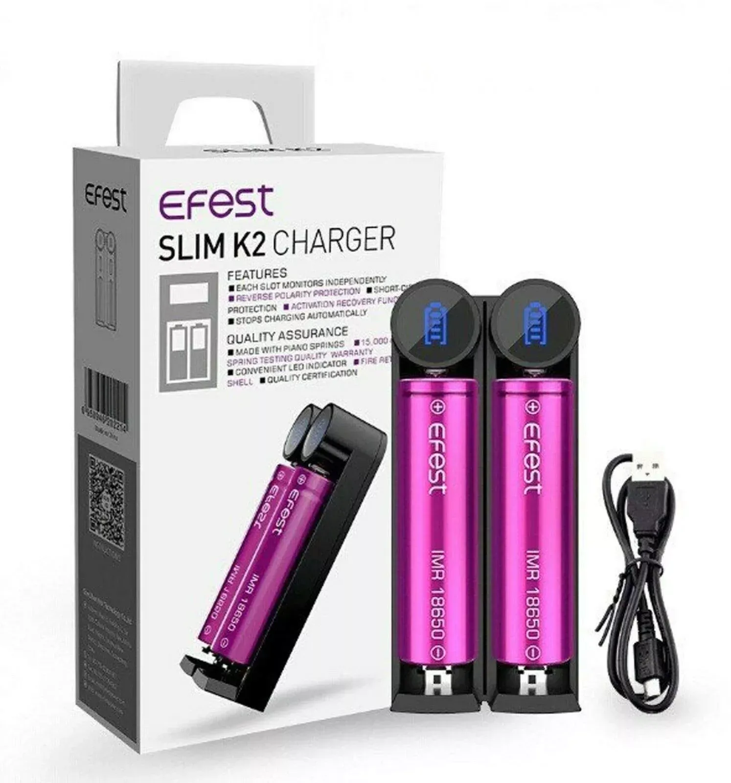 Kit de cargador Efest Slim K2 con dos baterías moradas, cargador y cable USB sobre fondo blanco.
