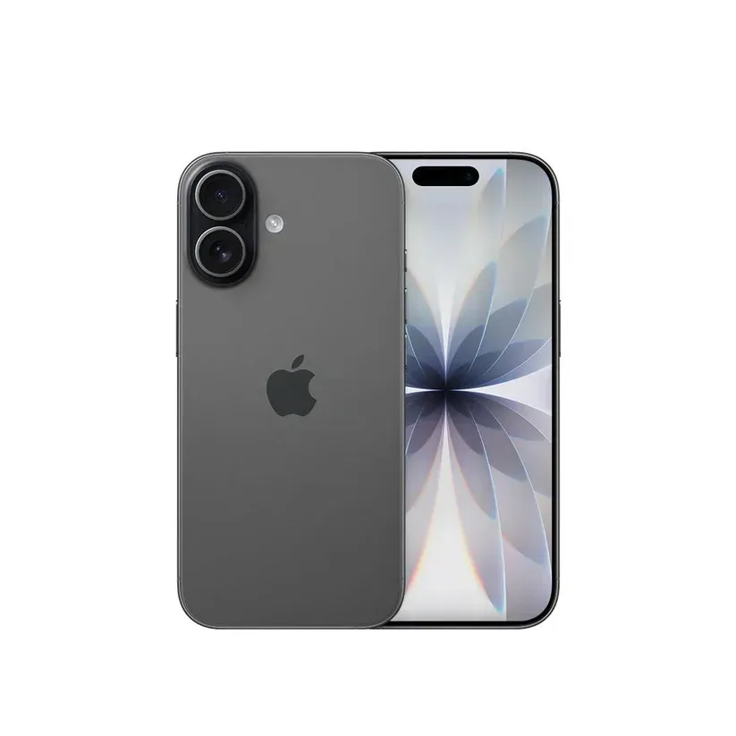 Dos iPhones grises, uno frontal y otro posterior, que muestran cámaras duales y una pantalla con fondo de pantalla floral.