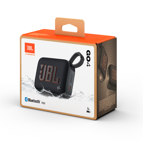 Caja de altavoz Bluetooth portátil JBL Go 4 en embalaje naranja y blanco.