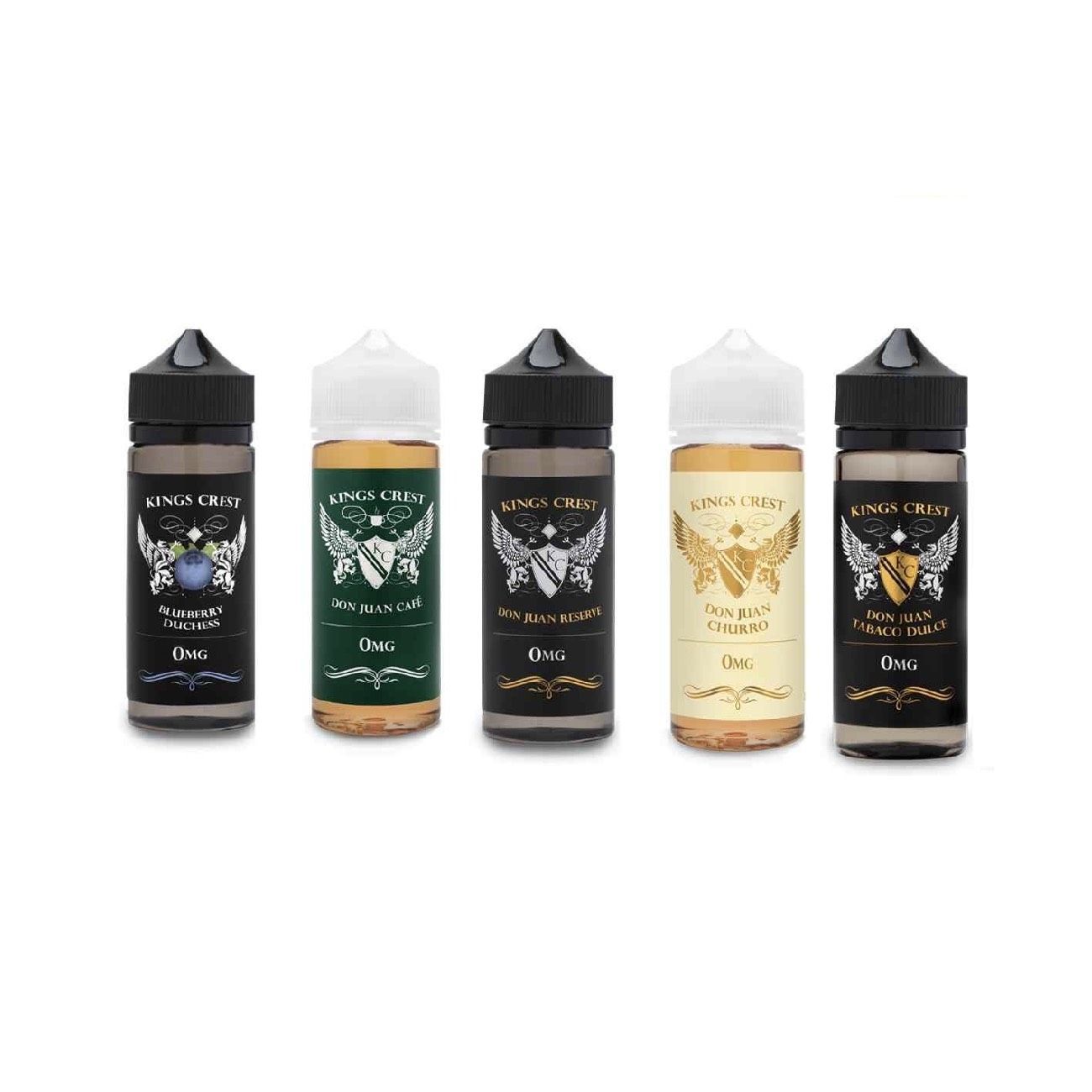 Logotipo de Kings Crest Premium E-Liquid con escudo blanco, leones y el emblema de KC sobre fondo negro.